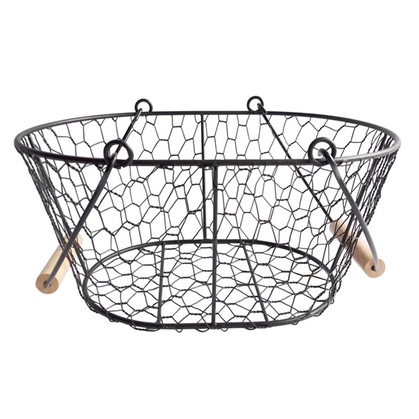 Wire Black Metal Basket With Wood Handle
