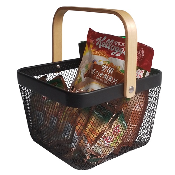 Square Metal Basket Wooden Handle For Snack Food Storage