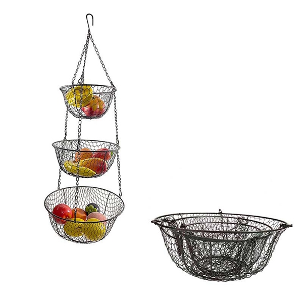 Black 3 Tier Hanging Basket Metal Mesh Hanging Basket For Fruit Vegetable