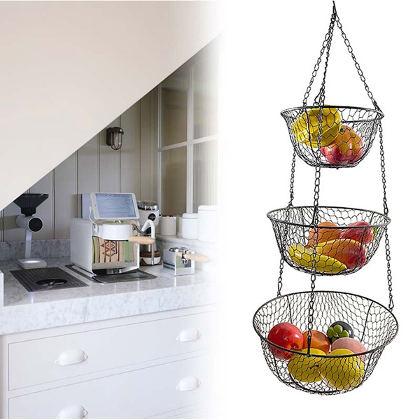 Black 3 Tier Hanging Basket Metal Mesh Hanging Basket For Fruit Vegetable