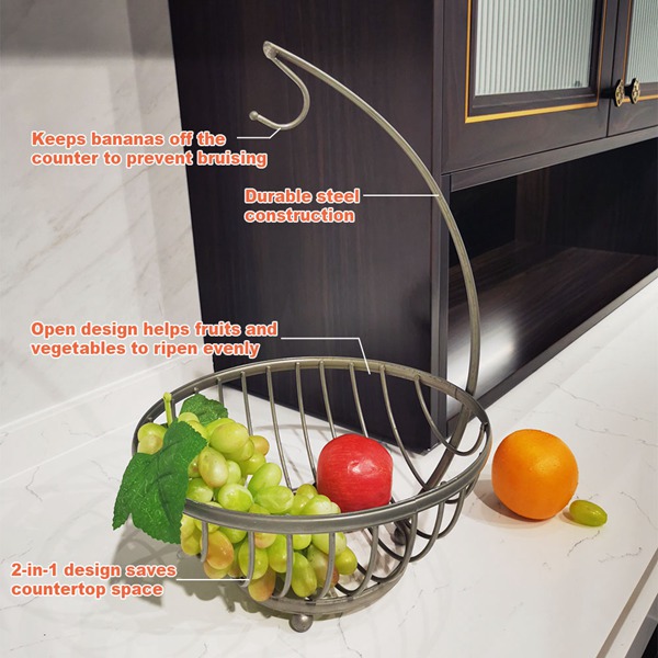 Metal Kitchen Wire Basket Fruit Bowl With Banana Hanger