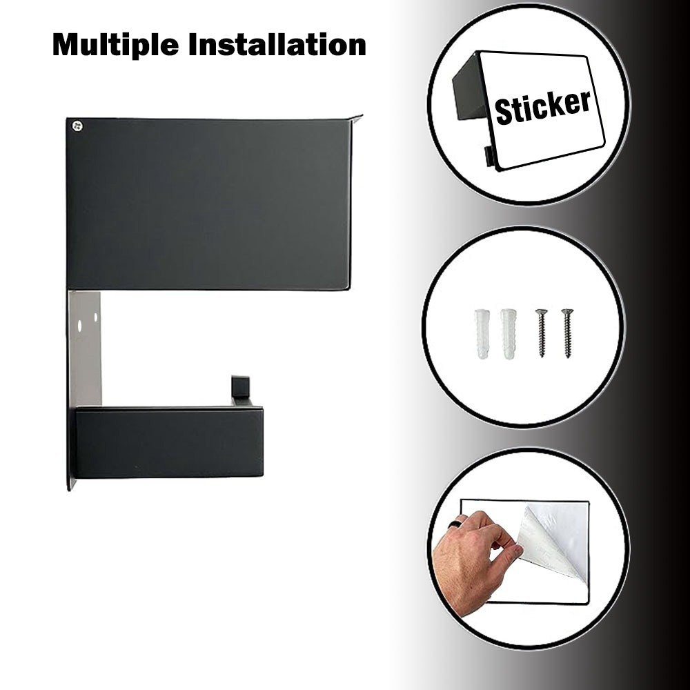 Wall Mounted Black Toilet Roll Holder With Phone Shelf, Tissue And Wipes Box