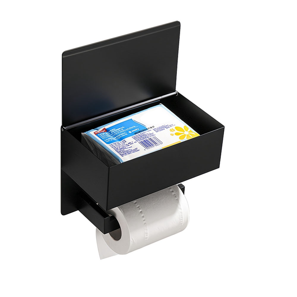 Wall Mounted Black Toilet Roll Holder With Phone Shelf, Tissue And Wipes Box
