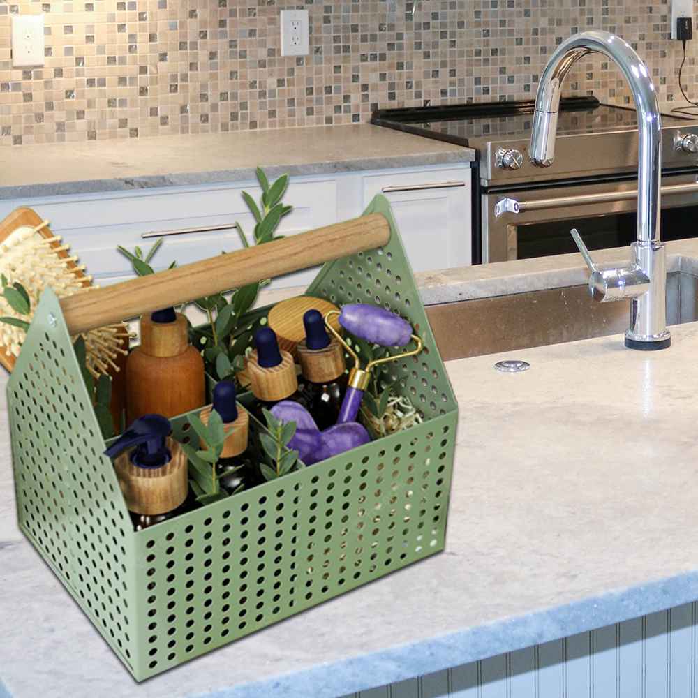 Wood Handle Sheet Metal Perforated Steel Storage Basket With 4 Compartment