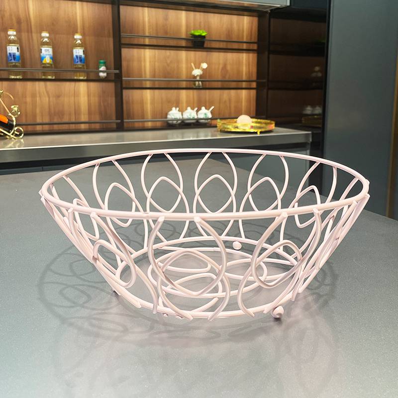 Arts Simple Style Round Wire Storage Pink Fruit Basket For Table Top
