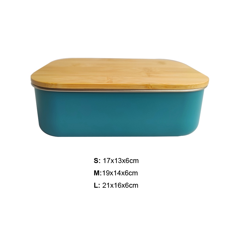 Decor Wood Lid Blue Metal Lunch Box With Elastic Closure