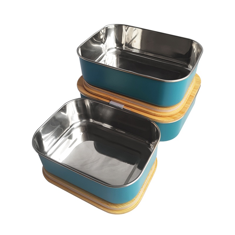 Decor Wood Lid Blue Metal Lunch Box With Elastic Closure