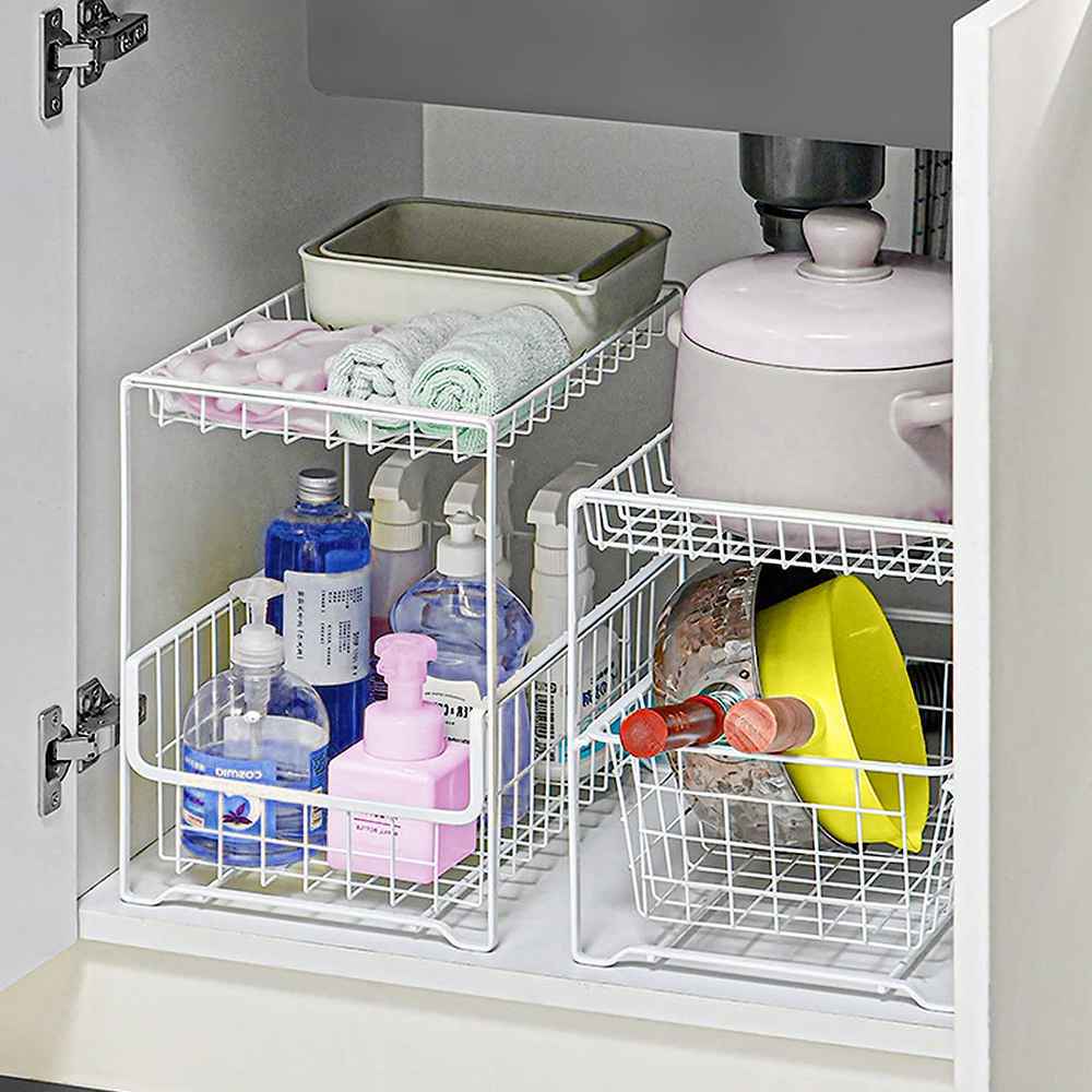 White Metal 2 Tier Sliding Cabinet Storage Baskets For Kitchen Counter