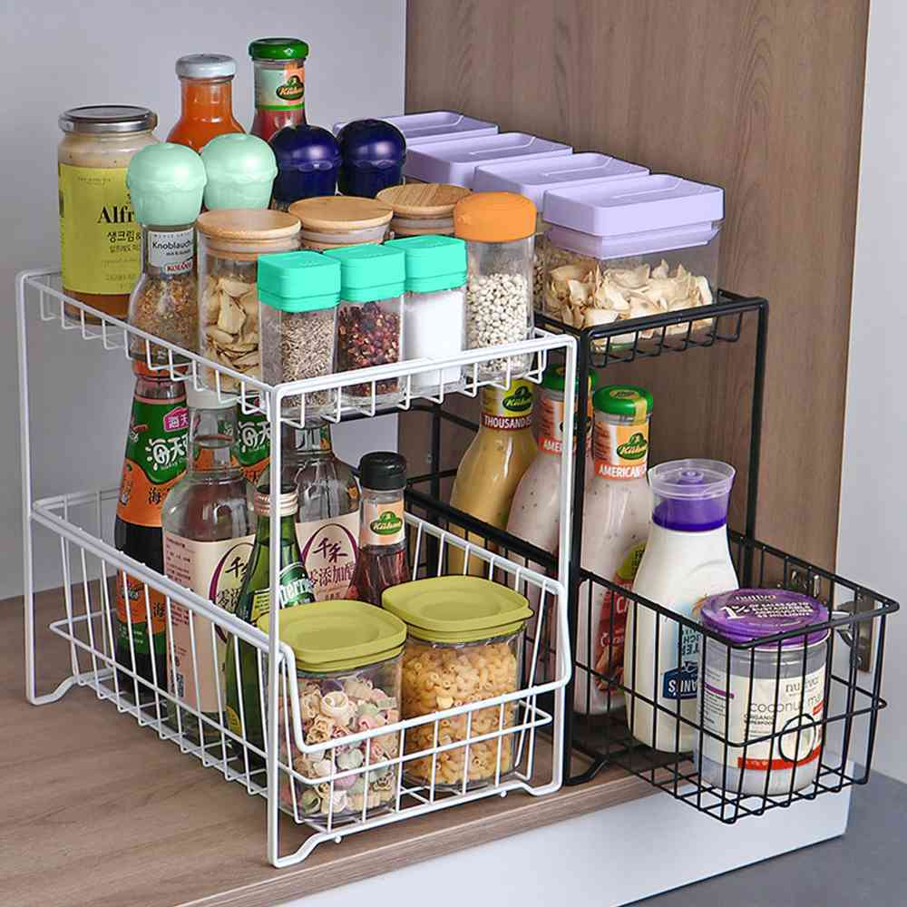 White Metal 2 Tier Sliding Cabinet Storage Baskets For Kitchen Counter