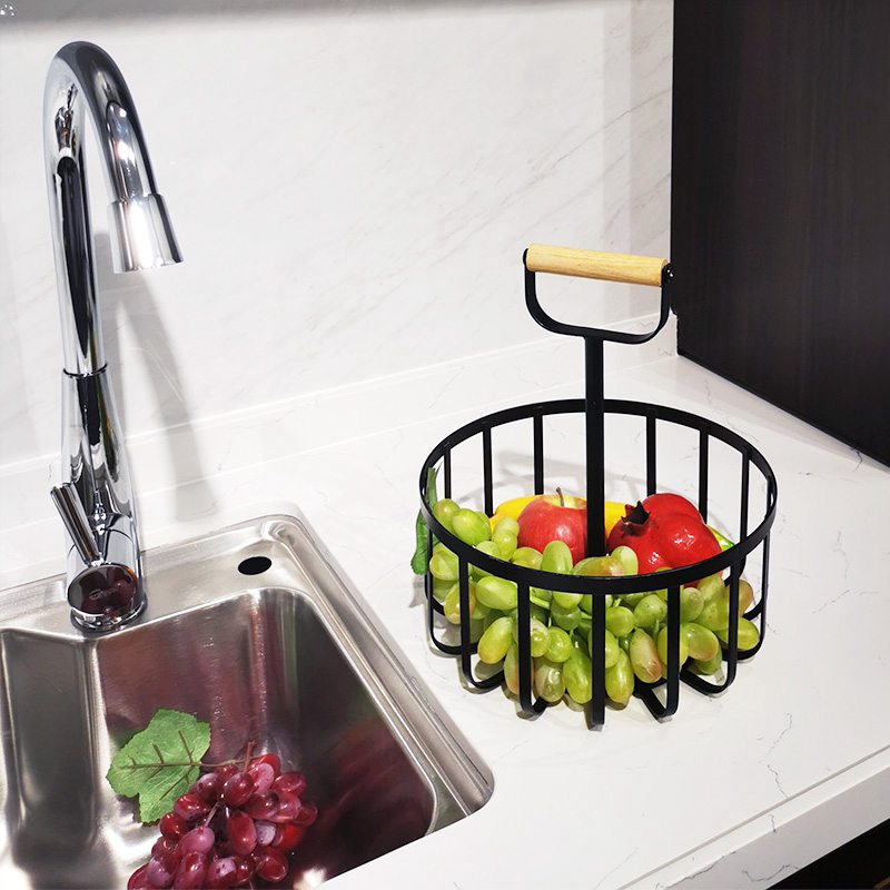Single Tier Black Fruit Stand Holder With Wood Handle