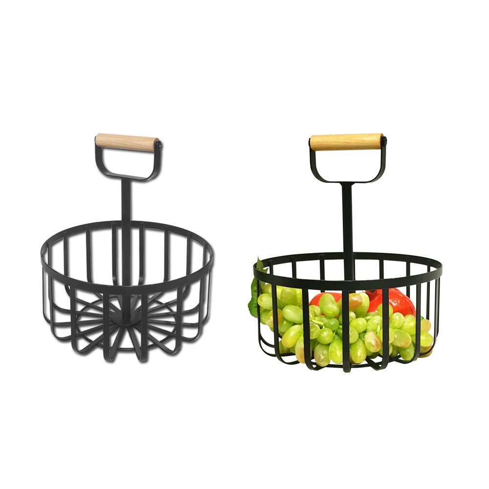 Single Tier Black Fruit Stand Holder With Wood Handle