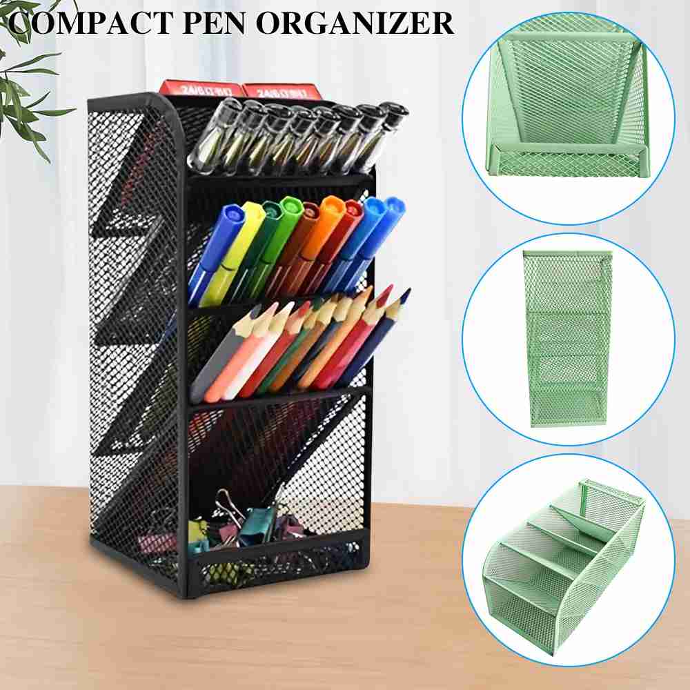 4 Gird Compact Green Metal Mesh Pencil Pen Holder Desktop Organizer