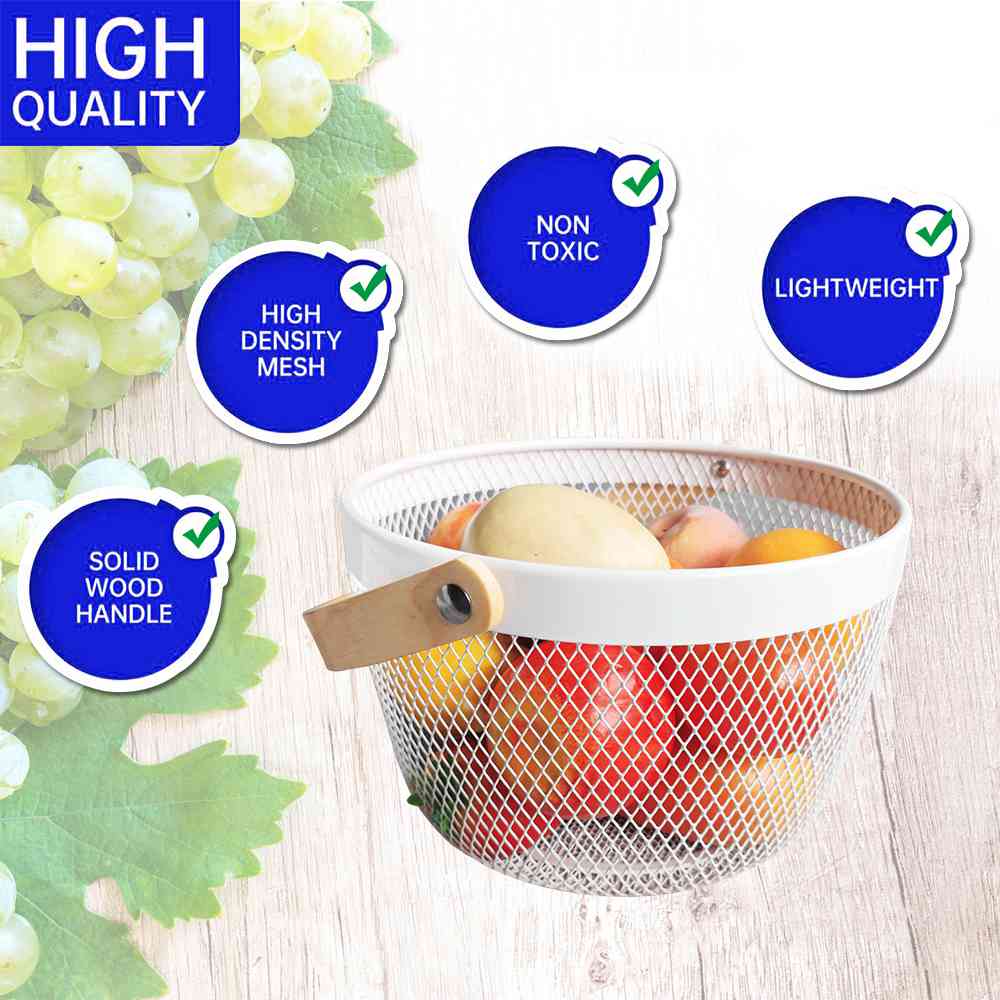 White Mesh Storage Harvest Fruit Basket Round With Wood Handle