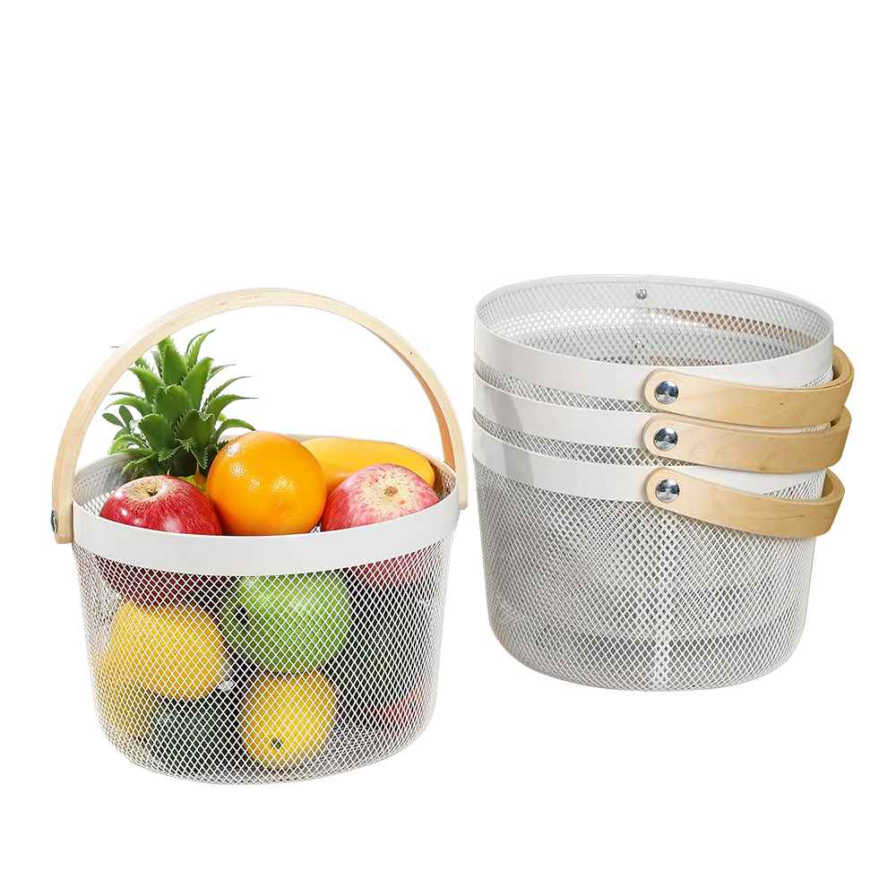 White Mesh Storage Harvest Fruit Basket Round With Wood Handle
