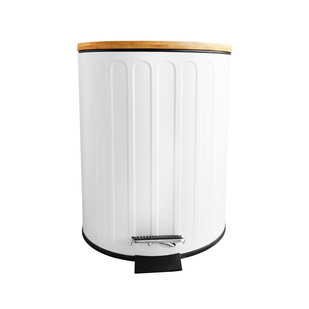 5L Steel Small White Pedal Bin With Wood Lid