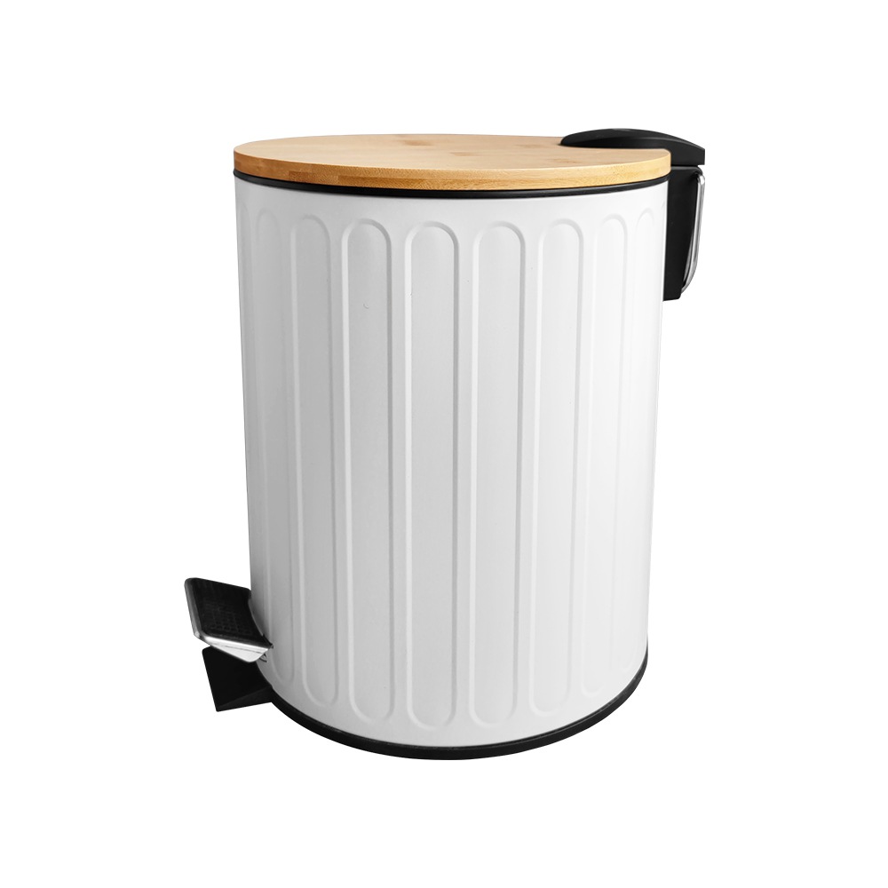 5L Steel Small White Pedal Bin With Wood Lid