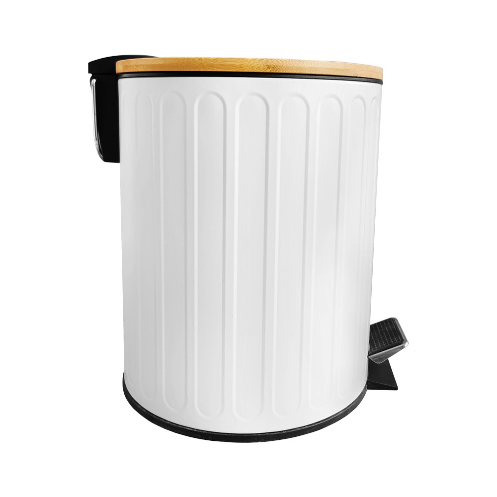 5L Steel Small White Pedal Bin With Wood Lid