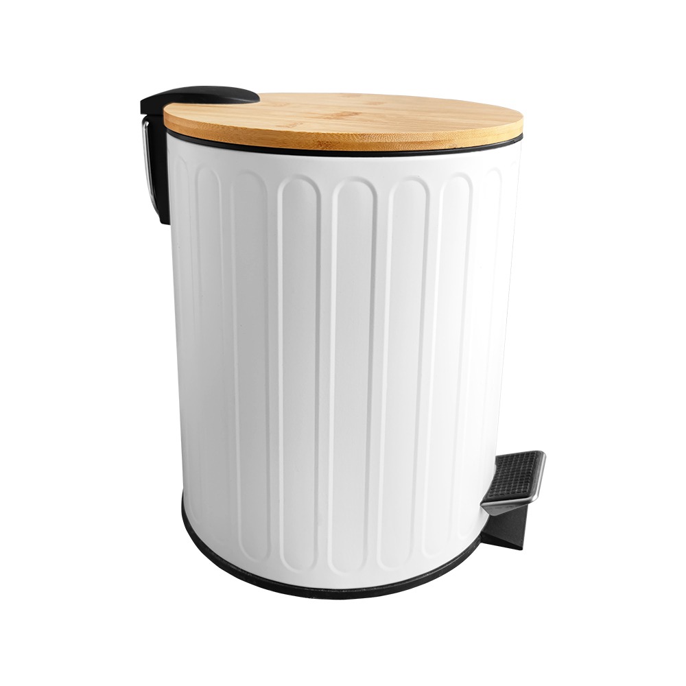 5L Steel Small White Pedal Bin With Wood Lid